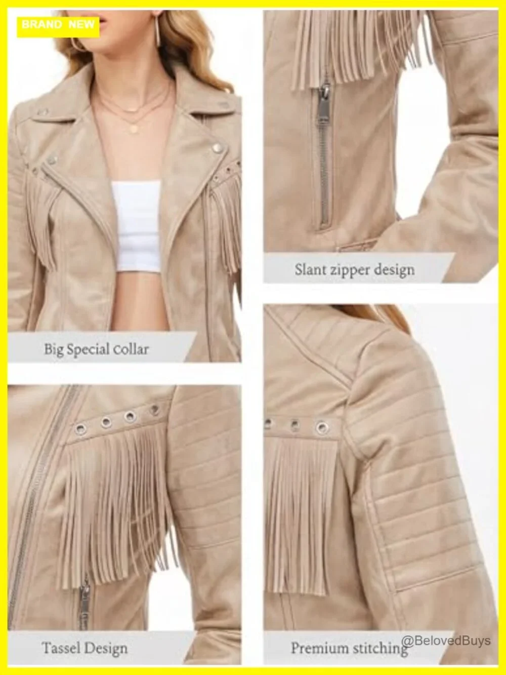 Faux Leather Moto Jacket with Tassel Trim, Belted, Zipper Closure - Picture 6 of 7